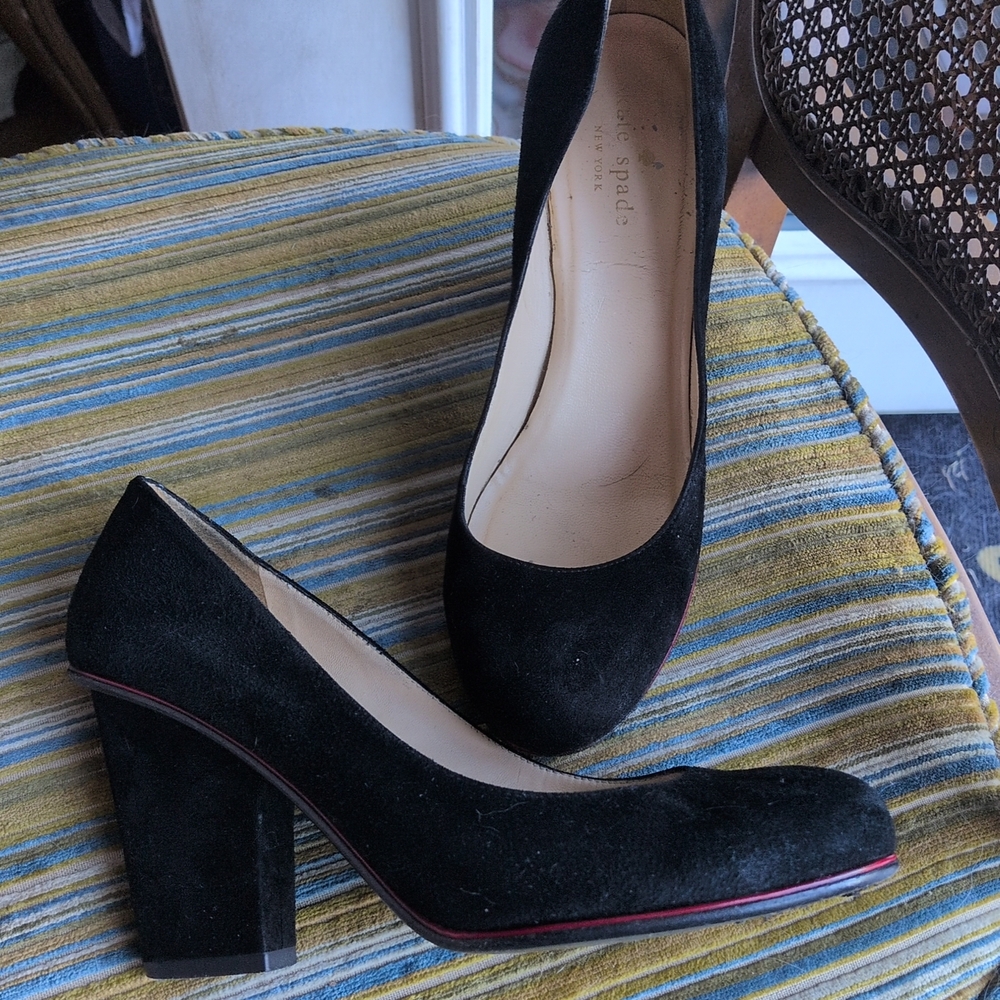 Kate Spade Black Suede Heels with Red Trim